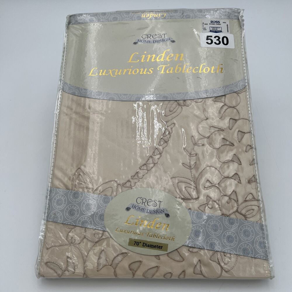 NOS Crest Home Design Chelsea Luxurious TableCloth 70” Diameter Gold Embroidered - Picture 2 of 13